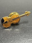 Vintage Enamel Violin Pin Gold Tone Music Instrument Brooch Lapel Hat