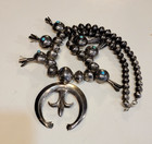 Antique Sterling  Squash Blossom Turquoise Bench Bead Sandcast Naja Signed