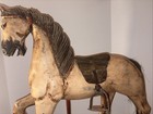 Vintage Wood Rocking Horse Hand Carved   Painted Iron Wheels Leather Saddle