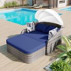 Outdoor Patio Sunbed Double Lounge Chair Daybed With Retractable Canopy Cushion