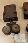 2 Vintage Cannonball Style Barn Door Double Wheel Roller   Bracket Tool Lot M3