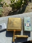 Vintage Gillette Razor Gold Engraved Tuckaway Case Frankenstein Set  blade Banks