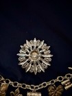 Vintage Gold Tone Charm Bracelet With Dangle Charms   Crystal Brooch  7in Toggle