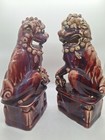 Tianjin Chinese Porcelain Foo Dogs Lion Flambe Sang De Boeuf Oxblood 19c Damaged