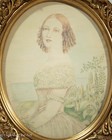 Beautiful Antique Victorian Female Portrait Painting Curled Hair Floral Garden