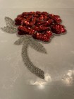 Red Sequined Beaded Rose Sew-on Appliqu    Flowers   Plants  Silver Stem   Leaves