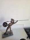 Vintage Greek Leonidas Spartan Warrior Statue Bronze Tone Spear Shield Marble Bs