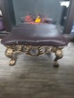 Victorian Antique Gilt Cast Iron Footstool  Leather Fabric Heavy  14   14   8 