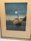 Antique Japanese Arai Yoshimune Woodblock Print Sailboats By Moonlight