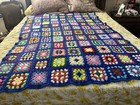 Vintage Hand Crochet Blue Granny Square Blanket Afghan Throw Colorful 44x60    