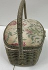 Vintage Wicker Sewing Basket Floral Fabric Lid Oval Lined Storage Organizer