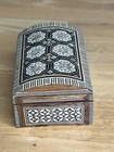 Marquetry Inlaid Mother Of Pearl Mosaic Hinged Wooden Jewelry Trinket Box Vtg