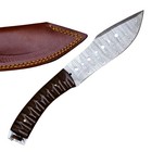 Damascus Steel Hunting Knife 9  Fixed Blade Full Tang Wood Handle Leather Sheath