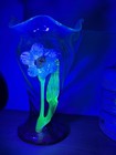 Antique Victorian Bohemian Glass Swirl Vase Uranium Glowing Applied Flower
