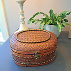 Vtg  Oval Handwoven Chinese Bamboo Basket W  Lid W  Metal Closure 10 5 X9  X5 25