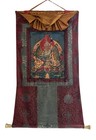Guru Padmasambhava Old Oil Varnished Tibetan Thangka Painting With Silk Brocade