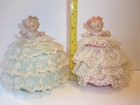2 Vintage Bisque Baby Kewpie Cupie Doll Lace Sewing Accessory Pincushion Lot