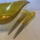Vtg Mid Century Modern Plastic Gold Glitter Large Bowl And Utensils Styson Art