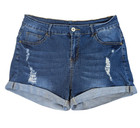 Womens Medium Wash Distressed Denim Cuffed Stretch Jean Shorts Sz L