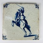 Antique Delft Blue   White Tile   Depicting Mounted Cavalry Figure With Raised S