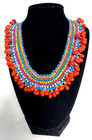 Woven Vtg Mexican Statement Style Heavy Glass Beaded Collar  Red   Turquoise Col