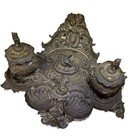 Antique Ornate Brass Double Ink Well With Pen Holder Owl Handles Cherubs