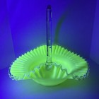       Rare Uranium Fenton Ivory Crest 13 5    Bamboo Handled Ruffled Basket Glows 