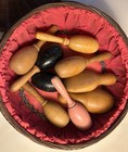 Vintage Round Lined Wicker Sewing Basket With Lid    8 Wooden Sock Darners