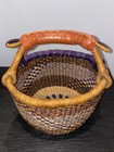 African Ghana Bolga Hand-woven Market Basket Leather Handle Earth Colors
