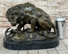 Signed Barye Snake And Lion Bronze Marble Sculpture Statue Figurine Art Deco Lrg