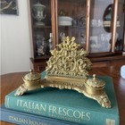 Vintage Solid Brass Inkwell Desk Set   Ornate Cherub Design   Victorian Library