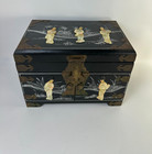 Vintage Asian Jewelry Box Mother Of Pearl Geishas Black Lacquer Wood   Brass