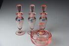 Vintage Pink Floral Glass Vanity Set- 3 Perfume Bottle   1 Powder Jar W  Lid