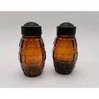 Vintage Molded Amber Glass Embossed Beer Barrel Salt   Pepper Shakers W  Lids