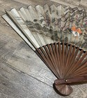 Antique  Vintage  Hand Painted Birds Trees Oriental Folding Fan Beautiful Large 