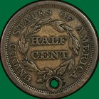 1851 Braided Hair Half Cent Very Fine Vf Coin  Holed  42536