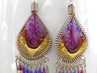 Beaded Trinity Silk Thread Purple Yellow Dreamcatcher Dangle Chandelier Earrings