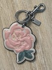 Coach Tea Rose Pink Glitter Rose Leather Keychain Key Ring Fob Flower 