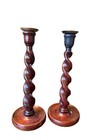 Pair Antique Vintage Turned Wood Carved Candlesticks Brown Barley Twist Patina