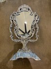 Vintage Ornate Rococo Style Silver Tone Metal Tabletop Vanity Mirror