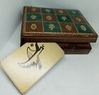 Vtg uniq Italy Brown Green Leather Playing Card Box W Gold Designs  cards marked