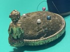 Antique Cherub Pin Cushion Vintage Sheffield Scissors Thimble 15 Wood Spools Lot