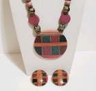 Vintage Lee Sands Earrings Necklace Set Chunky Teal Plum Geometric Sand Art