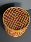 Vintage Round Bamboo Woven Lidded Basket Box Two Tone Geometric Boho Storage