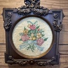 Completed Petit Point Needlepoint Flowers Framed In Brown Frame 7    X 6 5   