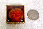 Vintage Pill Box Orange Yellow Enamel Top Design Patterned Gold Tone Square