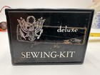 Vintage  military  Sewing Kit Green Thread Buttons Black Plastic Case A1
