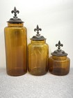 Amber Brown Glass Bottles Set 3 Fleur De Lis Lids Apothecary Canisters Unmarked