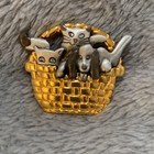 Signed Shields Pewter Dogs And Cats In A Gold Tone Basket Pin Brooch