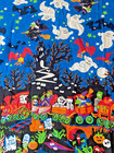 Vtg Glow In Dark Halloween Ghost Witch Haunted House Fabric 47 x 78  Tablecloth